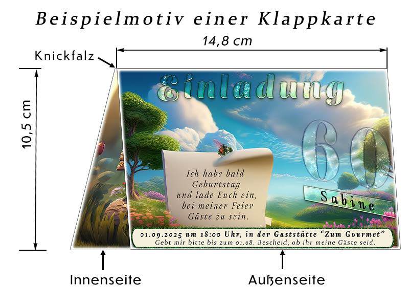 Beispiel und Maße einer Klappkarte bei der Bestellung von Einladungskarten oder Danksagungskarten