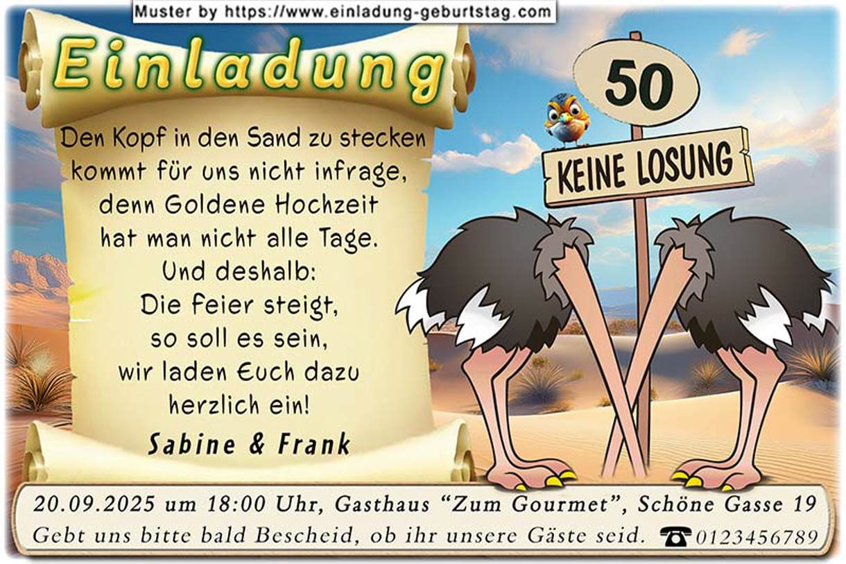 lustige Einladung Goldene Hochzeit mit Vogel Strauß