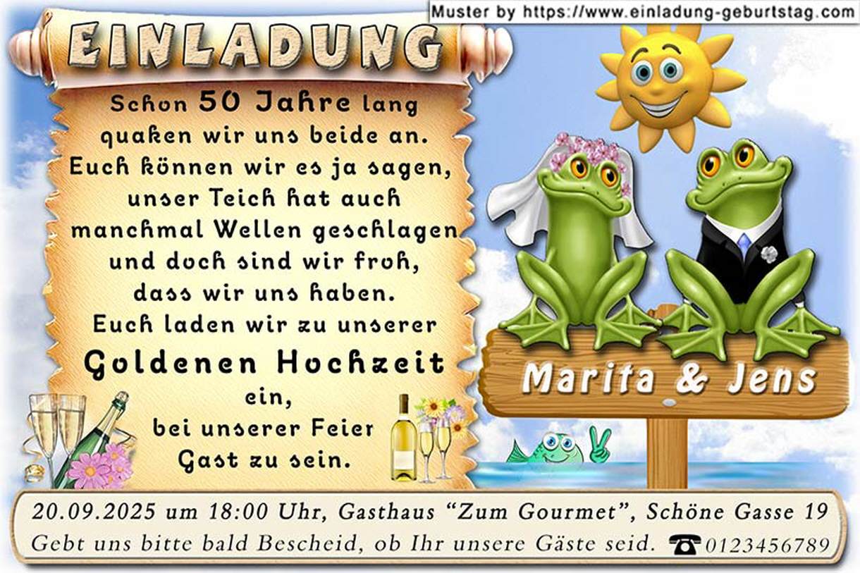 lustige Einladung Goldene Hochzeit, das Froschpaar
