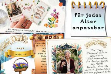 Dankeskarten zum Geburtstag mit Ihrem Foto, originellen Bildern oder lustigen Motiven.