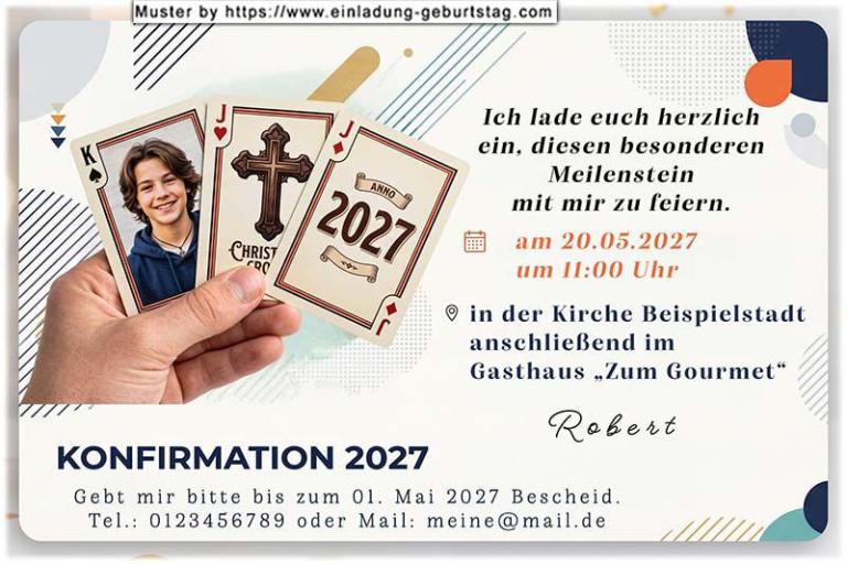 Die Einladung zur Konfirmation mit deinem Foto auf einer von 3 Konfirmations Spielkarten