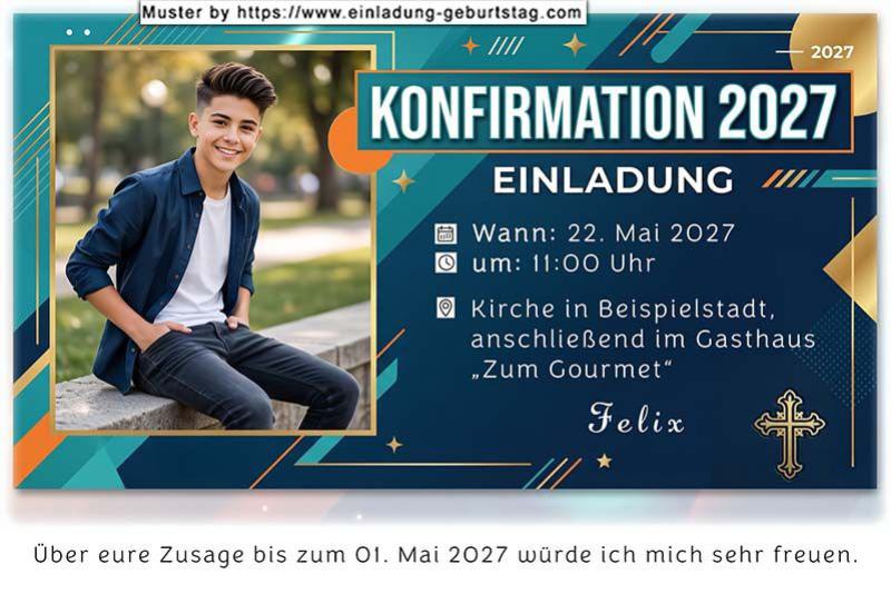 Die Einladung zur Konfirmation mit deinem Foto auf einer Karte mit knalligen Farben