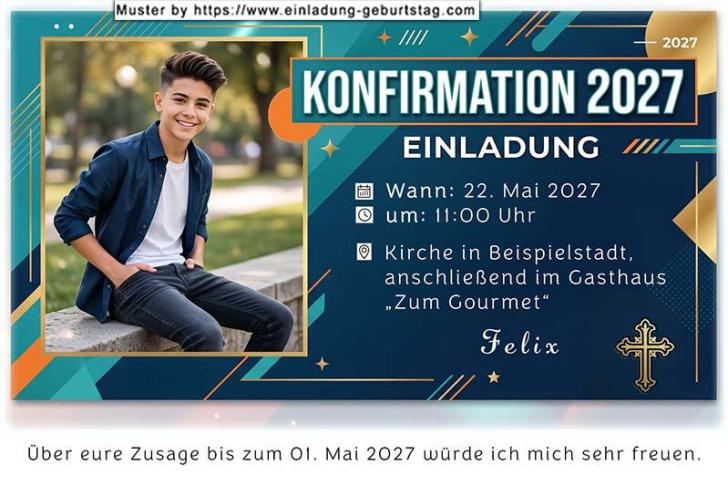 Die Einladung zur Konfirmation mit deinem Foto auf einer Karte mit knalligen Farben