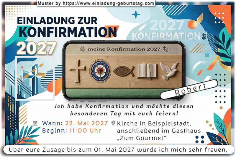 Die originelle Einladung zur Konfirmation mit den kirchlichen Symbolen im Display eines Handys.