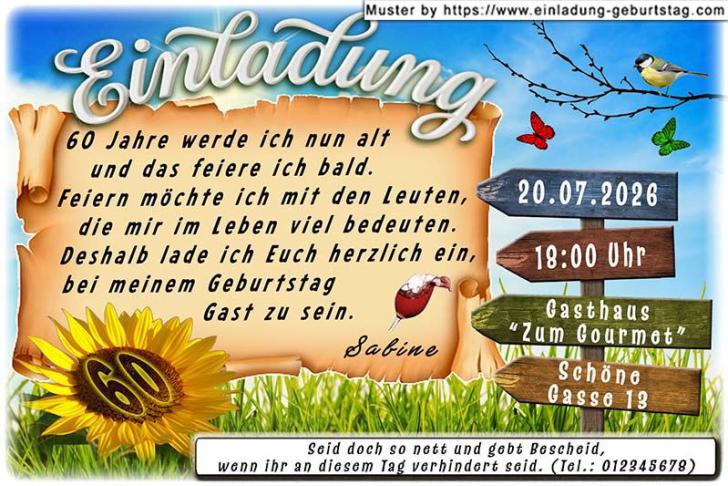 Die originelle Einladung zum Geburtstag - Ihr Alter wird in eine Sonnenblume vor einem hellblauen Himmel eingesetzt.