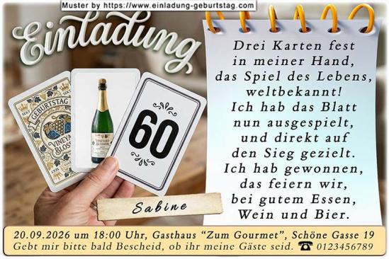 Die originelle Einladung zum Geburtstag - 3 Spielkarten in Ihrer Hand. In die rechte Karte wird Ihr Alter eingesetzt. Diese Karte spielen Sie nun aus.