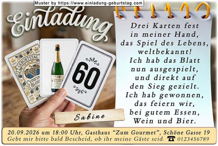 Die originelle Einladung zum Geburtstag - 3 Spielkarten in Ihrer Hand. In die rechte Karte wird Ihr Alter eingesetzt. Diese Karte spielen Sie nun aus.