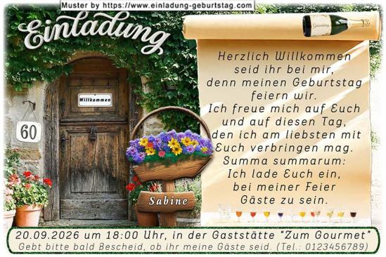 Die originelle Einladung zum Geburtstag - Die rustikal veredelte Eichentür mit der Aufschrift Willkommen und Ihrem Alter als Hausnummer daneben.