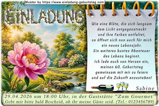 Die originelle Einladung zum Geburtstag - Ein verträumter Bachlauf, davor eine geöffnete Blüte in der sich eine Biene befindet.