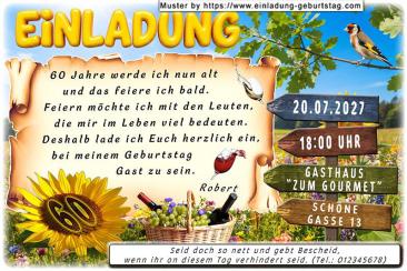 Die originelle Einladung zum Geburtstag mit dem Wegweiser und der Sonnenblume, auf der sich Ihr Alter befindet