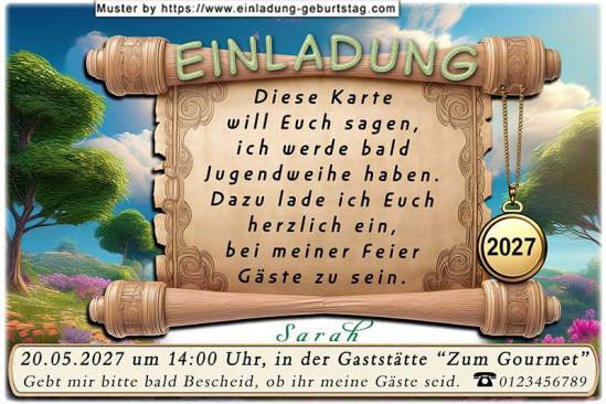 die originelle Einladung zur Jugendweihe mit der Schriftrolle, an der die Jahreszahl 2027 hängt