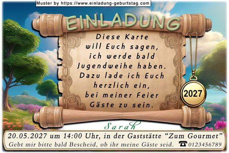die originelle Einladung zur Jugendweihe mit der Schriftrolle, an der die Jahreszahl 2027 hängt