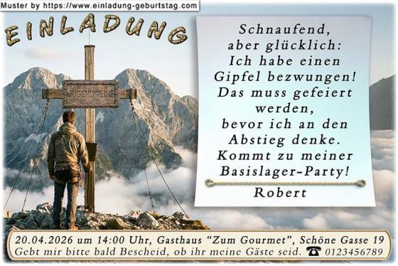 Die originelle Einladung zur Jugendweihe mit dem Jungen, der vor einem Gipfelkreuz Namens Jugendweihe steht. Das Zwischenziel ist erreicht.