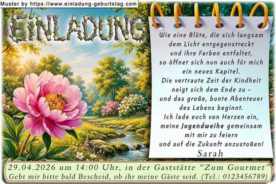 Die originelle Einladung zur Jugendweihe mit dem Naturbild – ein Bachlauf und eine geöffnete Blüte, in der sich eine Biene befindet.