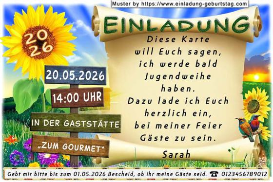 Die originelle Einladung zur Jugendweihe mit dem Wegweiser aus Holz, auf dem die Angaben zu Datum, Uhrzeit und Ort der Jugendweihefeier stehen.