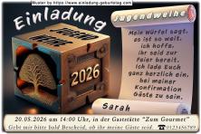 Die originelle Einladung zur Jugendweihe mit dem Würfel und den Symbolen Lebensbaum und Jahreszahl. Auf eine Schriftrolle wird dein Text gedruckt.