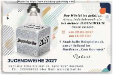 Die originelle Einladung zur Jugendweihe mit dem Würfel, der das Wort Jugendweihe, die Zahl 2027 und Ich lade euch ein an den Seiten zeigt