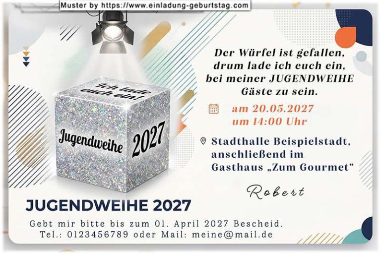 Die originelle Einladung zur Jugendweihe mit dem Würfel, der das Wort Jugendweihe, die Zahl 2027 und Ich lade euch ein an den Seiten zeigt
