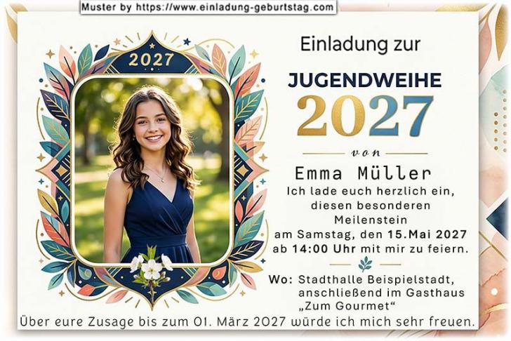 Die Einladung zur Jugendweihe mit deinem Foto umgeben von einem originellen dekorativen Rahmen