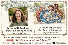Die Einladung zur Jugendweihe mit deinem Foto neben einem lustigen Comicbild – du im Kinderwagen vor 14 Jahren.