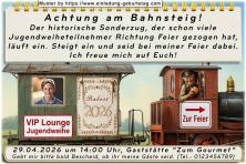 Die Einladung zur Jugendweihe mit deinem Foto im Fenster eines Wagons, der von einer lustigen Lok gezogen wird.