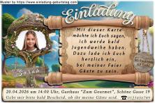 Die Einladung zur Jugendweihe mit deinem Foto in einem originellen Rahmen vor einem Landschaftsbild.