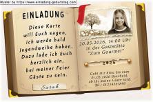 Die Einladung zur Jugendweihe mit deinem Foto im Sepiastil oben auf einer Seite eines aufgeschlagenen Buches, das deinen Einladungstext enthält.