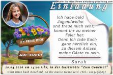 Über einem Korb mit Blumen, auf dem ‚Ich freue mich auf Euch‘ steht, wird dein Foto eingesetzt. Dieses wird rund ausgeschnitten und mit einer Kontur versehen.