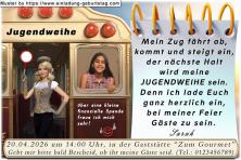 Die Einladung zur Jugendweihe mit deinem Foto in einem Fenster eines Sonderzuges Rüchtung Jugendweihe. Die freundliche Schaffnerin hebt die Kelle.