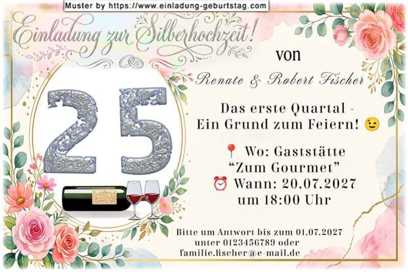 Die originelle Einladung zur Silberhochzeit mit Ihrer Jubiläumszahl in einer ovalen floralen Umrahmung