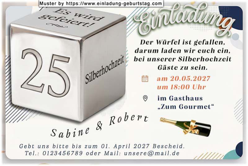 Die originelle Einladung zur Silberhochzeit mit dem Würfel, an dessen Seiten sich die Zahl 25, das Wort Silberhochzeit und der Satz "Es wird gefeiert" befinden.