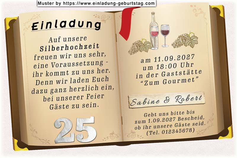 Die originelle Einladung zur Silberhochzeit mit Ihrem Text auf 2 Seiten eines aufgeschlagenen Buches
