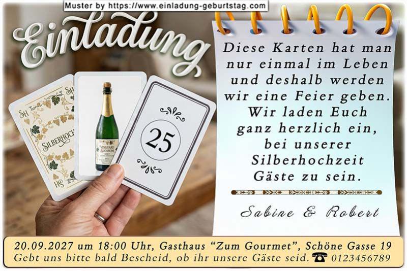 Die originelle Einladung zur Silberhochzeit mit dem Kartenspiel, auf dem sich Silberhochzeitsmotive befinden