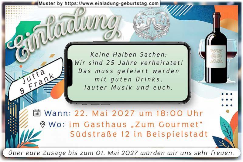 Die originelle Einladung zur Silberhochzeit mit Ihrem Einladungstext im Display eines Smartphones
