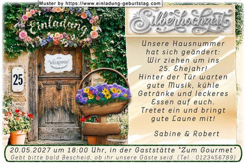 Die originelle Einladung zur Silberhochzeit mit der Haustür und dem Willkommensschild sowie der Hausnummer 25
