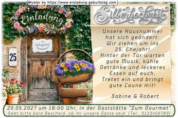 Die originelle Einladung zur Silberhochzeit mit der Haustür und dem Willkommensschild sowie der Hausnummer 25