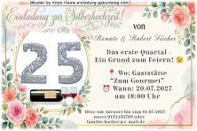 Die originelle Einladung zur Silberhochzeit mit Ihrer Jubiläumszahl in einer ovalen floralen Umrahmung