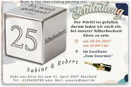 Die originelle Einladung zur Silberhochzeit mit dem Würfel, an dessen Seiten sich die Zahl 25, das Wort Silberhochzeit und der Satz "Es wird gefeiert" befinden.