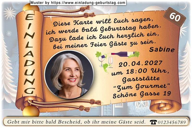 Die Einladung zum Geburtstag mit Ihrem Foto rund ausgeschnitten und in eine Schriftrolle eingesetzt, auf der sich Ihr Einladungstext befindet.