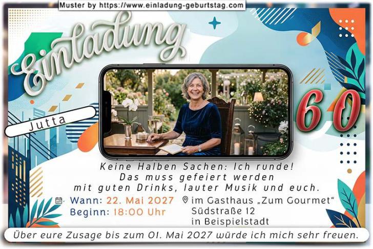 Die Einladung zum Geburtstag mit Ihrem Foto im Display eines Handys.