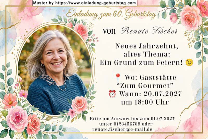 Die Einladung zum Geburtstag mit Ihrem Foto oval in einem floralen Rahmen.