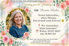 Die Einladung zum Geburtstag mit Ihrem Foto oval in einem floralen Rahmen.