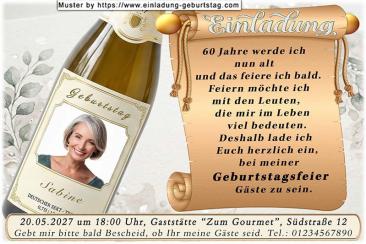 Die Einladung zum Geburtstag mit Ihrem Foto auf dem Etikett einer Sektflasche
