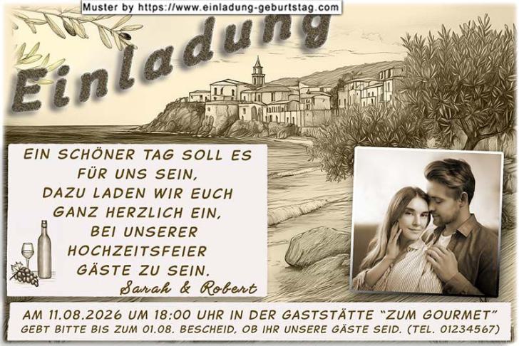 Die Hochzeitseinladung mit Ihrem Foto in Sepia vor einem mediterranen Hintergrund
