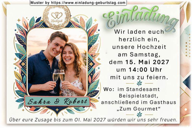 Die Einladung zur Hochzeit mit Ihrem Foto, das in einen modernen Rahmen eingesetzt wird