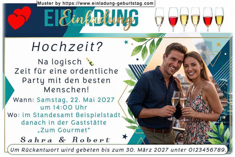 Die Einladung zur Hochzeit mit Ihrem Foto, das im Hochformat in eine moderne Karte eingesetzt wird