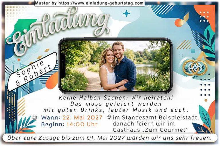 Die lustige Hochzeitseinladung mit Ihrem Foto und einer Karikatur von einem Mann in der Schubkarre