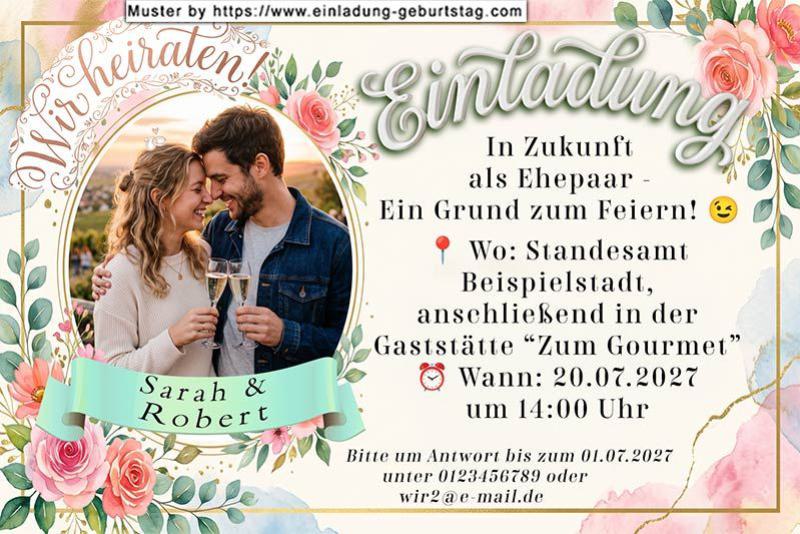 Die Einladung zur Hochzeit mit Ihrem Foto in einem floralen ovalen Rahmen