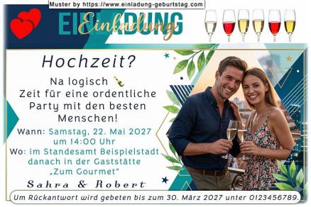 Die Einladung zur Hochzeit mit Ihrem Foto, das im Hochformat in eine moderne Karte eingesetzt wird