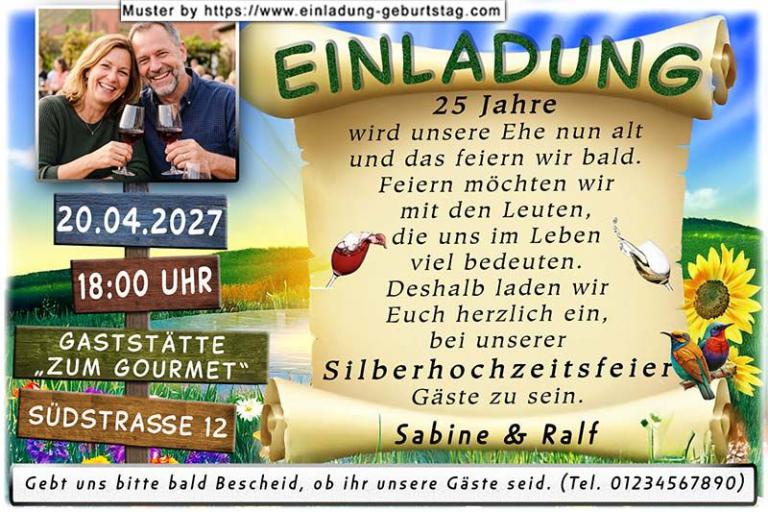 Die Einladung zur Silberhochzeit mit Ihrem Foto auf einem Wegweiser.